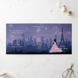 Pink & Slate Blue Paris Feuerwerk Quinceañera Dreifach Gefaltete Einladung