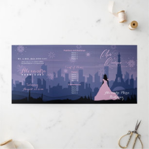 Pink & Slate Blue Paris Feuerwerk Quinceañera Dreifach Gefaltete Einladung