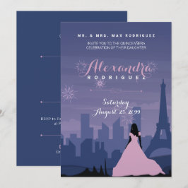 Pink & Slate Blue Paris Feuerwerk Quinceañera Einladung