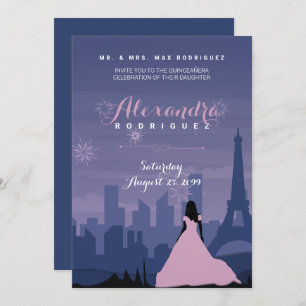 Pink & Slate Blue Paris Feuerwerk Quinceañera Einladung