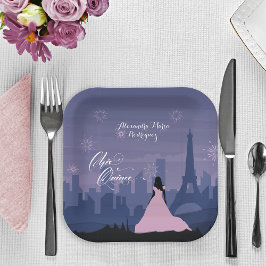 Pink & Slate Blue Paris Feuerwerk Quinceañera Tri- Pappteller