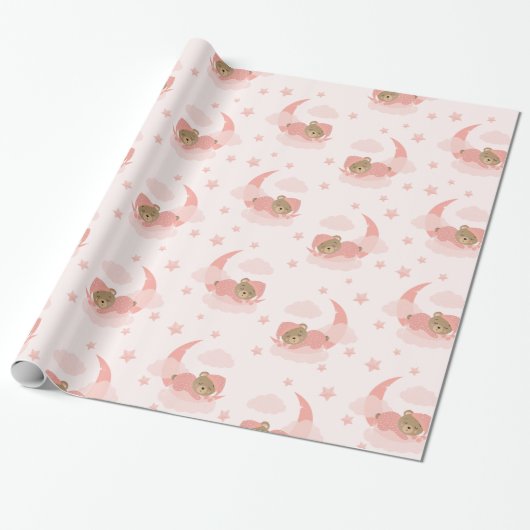 Pink Sleeping Baby Bear auf Mond Wolken & Stars Geschenkpapier (Ungerollt)