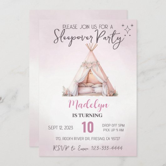 Pink Sleepover Boho Teepee Slumber Party Geburtsta Einladung (Vorne/Hinten)