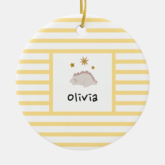 Pink Sleepy Baby Dino | Gelber Streifen modern Keramik Ornament (Vorne)