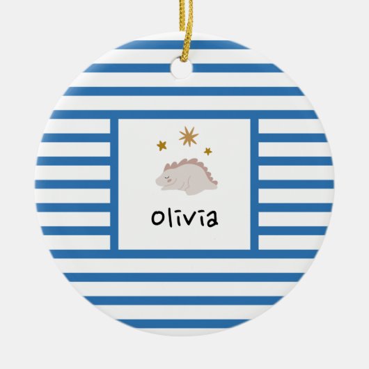 Pink Sleepy Baby Dino | Navy Blue Strip Modern Keramik Ornament (Vorne)