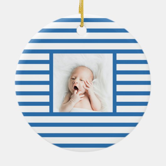 Pink Sleepy Baby Dino | Navy Blue Strip Modern Keramik Ornament (Hinten)