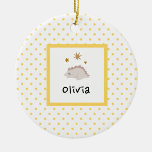 Pink Sleepy Baby Dino Yellow Polka Dot Modern Keramik Ornament
