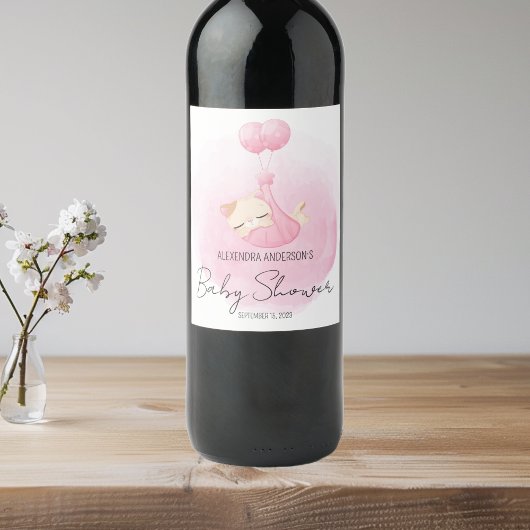 Pink Sleepy Kitten Watercolor Babydusche Weinetikett