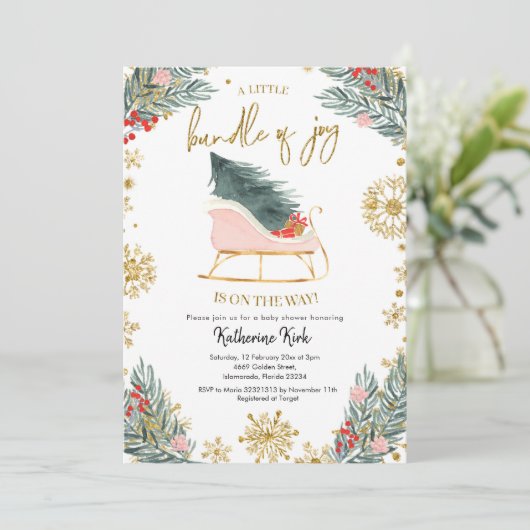 Pink Sleigh Baby Dusche Kleines Bündel von Freude Einladung (Stehend Vorderseite)