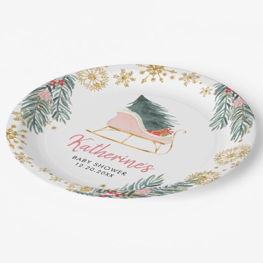 Pink Sleigh Baby Dusche Kleines Bündel von Freude Pappteller (Schrägansicht)