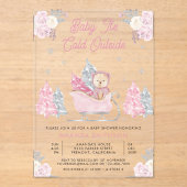 Pink Sleigh Niedlich Teddy Bear Baby Dusche Acryleinladungen (Vorderseite)