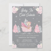 Pink Sleigh Niedlich Teddy Bear Gray Baby Dusche Einladung (Vorderseite)