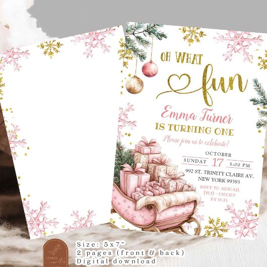 Pink Sleigh Winter Erster Geburtstag Einladung