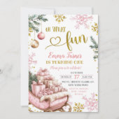 Pink Sleigh Winter Erster Geburtstag Einladung (Vorderseite)