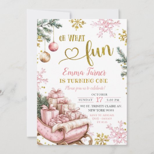 Pink Sleigh Winter Erster Geburtstag Einladung (Vorderseite)