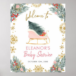 Pink Sleigh Winter Saison Baby Dusche Begrüßungsze Poster