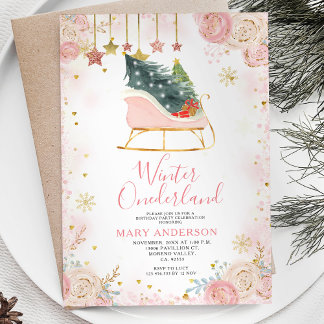 Pink Sleigh Winter Snowy Onederland 1. Geburtstag Einladung