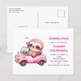 Pink Sloth Autofahren eine Cabrio-Geburtstagsparty Postkarte