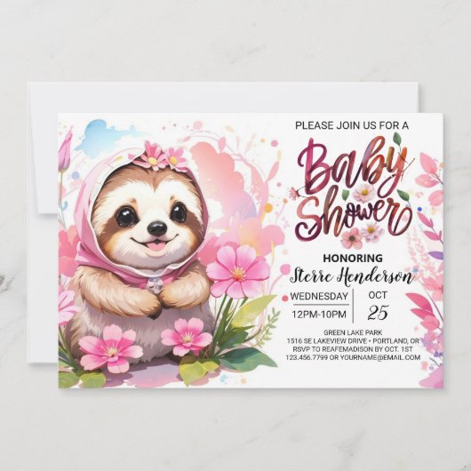 Pink Sloth Cuteness Baby Dusche Einladung (Vorderseite)