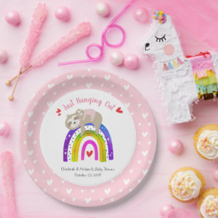 Pink Sloths Boho Rainbow Girl Baby Shower Modern Pappteller
