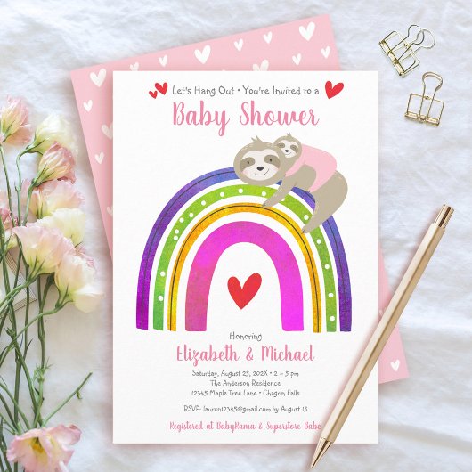 Pink Sloths Girl Baby Shower Boho Rainbow Kawaii Einladung