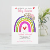 Pink Sloths Girl Baby Shower Boho Rainbow Kawaii Einladung (Stehend Vorderseite)