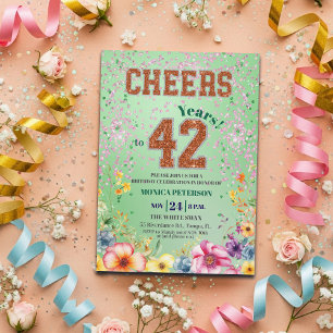 Pink Smaragd Glitter Blumen 42. Geburtstagsfeier Einladung
