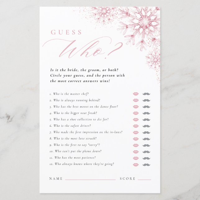 Pink Snow in Love Guess Who Bridal Shower Game (Vorderseite)