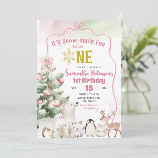 Pink Snow Much Fun to be One Girl 1st Birthday Einladung (Stehend Vorderseite)