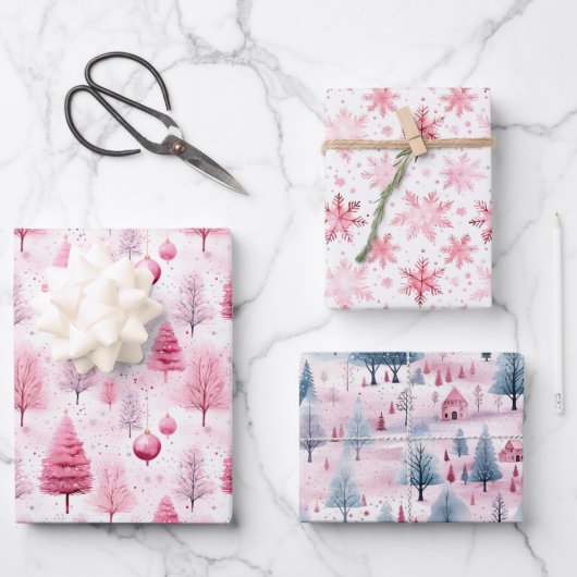 Pink Snow Weihnachten Cartoon Design Geschenkpapier Set (Vorderseite)