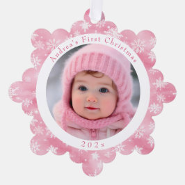 Pink Snowflake Baby's First Christmas Foto Ornament Karte