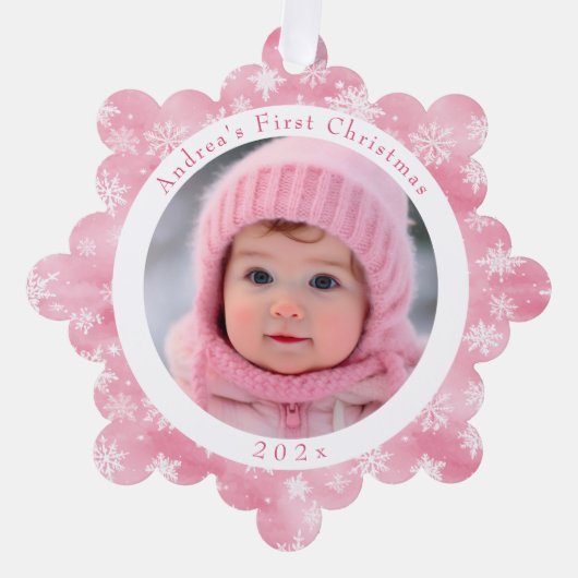 Pink Snowflake Baby's First Christmas Foto Ornament Karte (Vorderseite)