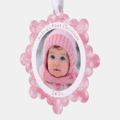 Pink Snowflake Baby's First Christmas Foto Ornament Karte (Linke Ecke)