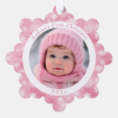 Pink Snowflake Baby's First Christmas Foto Ornament Karte (Rückseite)