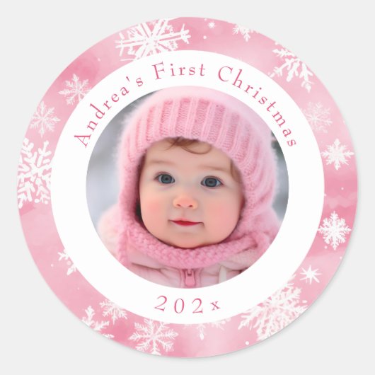 Pink Snowflake Baby's First Christmas Foto Runder Aufkleber (Vorderseite)