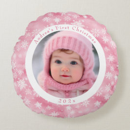 Pink Snowflake Baby's First Christmas Foto Rundes Kissen