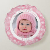 Pink Snowflake Baby's First Christmas Foto Rundes Kissen (Rückseite)