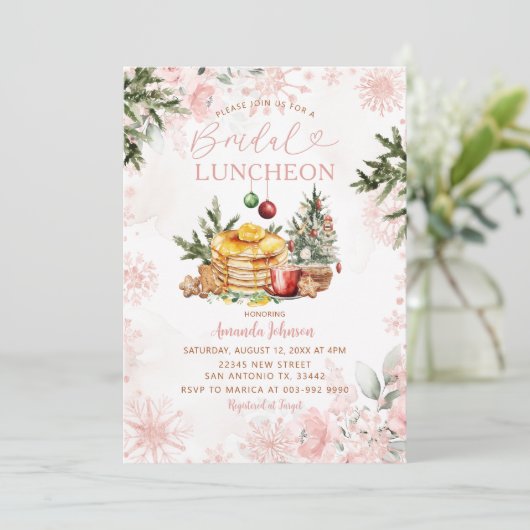 Pink Snowflake Bridal Luncheon Pancake & Cocoa  Einladung (Stehend Vorderseite)