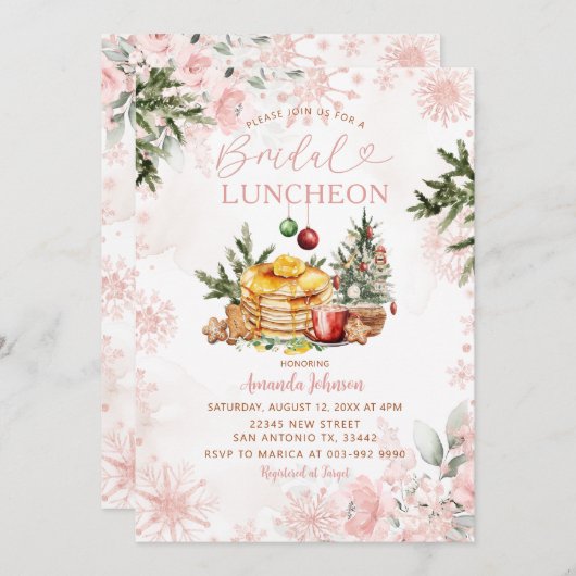 Pink Snowflake Bridal Luncheon Pancake & Cocoa  Einladung (Vorne/Hinten)