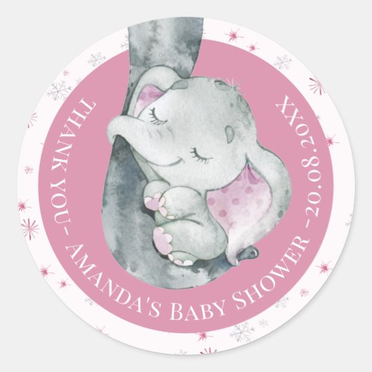 Pink Snowflake Elephant Winter Girl Babydusche Runder Aufkleber (Vorderseite)