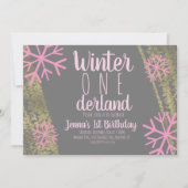 Pink Snowflake Foil Script Erster Geburtstag Einladung (Vorderseite)