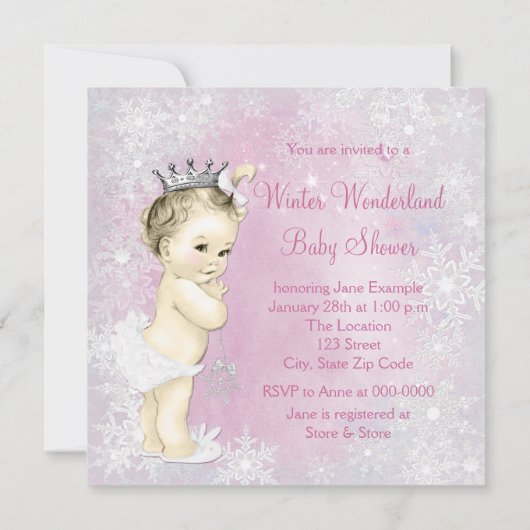 Pink Snowflake Girls Winter Wonderland Babydusche Einladung (Rückseite)