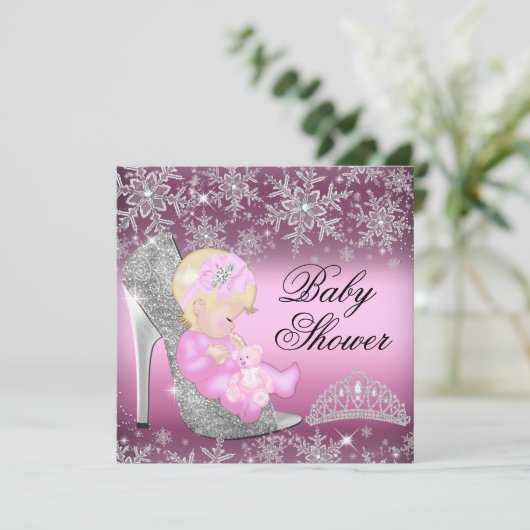 Pink Snowflake Glitzer Showdusche Einladung (Stehend Vorderseite)