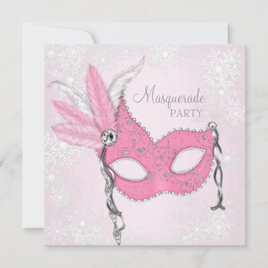 Pink Snowflake Masquerade Party Einladung (Vorderseite)