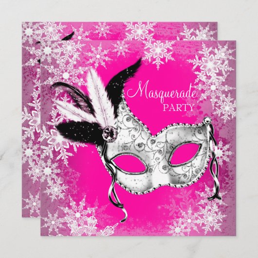 Pink Snowflake Masquerade Party Einladung (Vorne/Hinten)