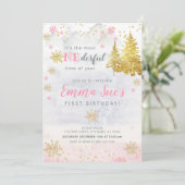 Pink Snowflake ONEderful Time of Year Birthday Einladung (Stehend Vorderseite)