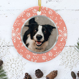 Pink Snowflake Paw Muster Pet Foto Keramik Ornament