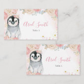 Pink Snowflake Pinguin Winter Platzkarte (Vorne/Hinten)