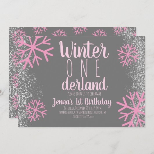 Pink Snowflake Snowy Script Erster Geburtstag Einladung (Vorne/Hinten)