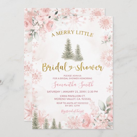Pink Snowflake Winter A Merry Little Bridal Shower Einladung (Vorne/Hinten)